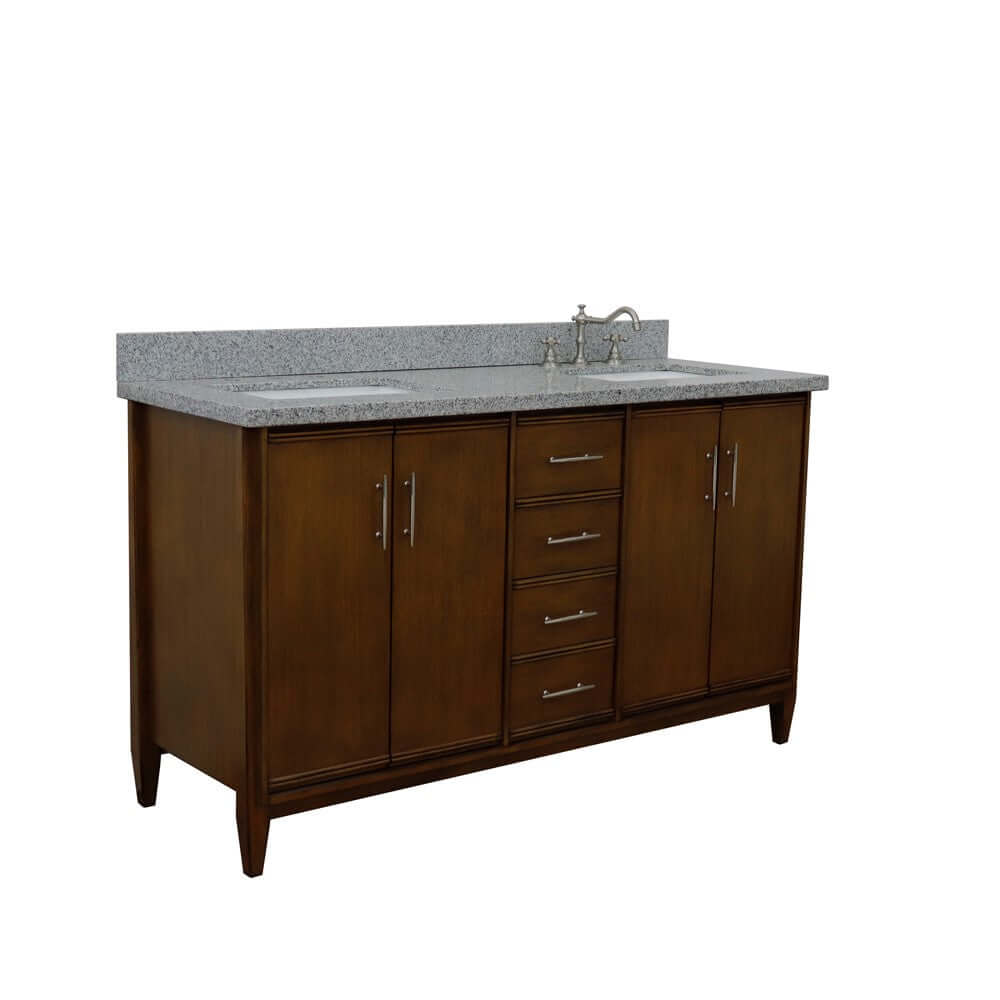 61" Double sink vanity in Walnut finish with Gray granite and rectangle sink - 400901-61D-WA-GYR