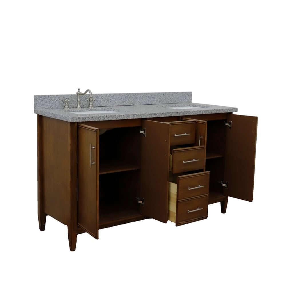 61" Double sink vanity in Walnut finish with Gray granite and rectangle sink - 400901-61D-WA-GYR