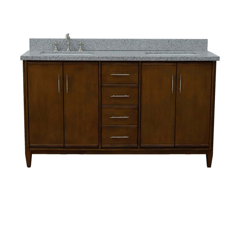 61" Double sink vanity in Walnut finish with Gray granite and rectangle sink - 400901-61D-WA-GYR