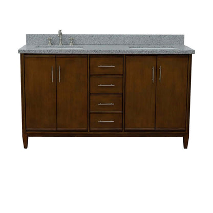 61" Double sink vanity in Walnut finish with Gray granite and rectangle sink - 400901-61D-WA-GYR