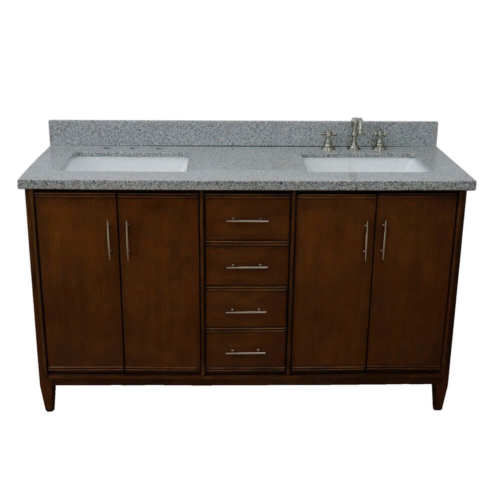 61" Double sink vanity in Walnut finish with Gray granite and rectangle sink - 400901-61D-WA-GYR