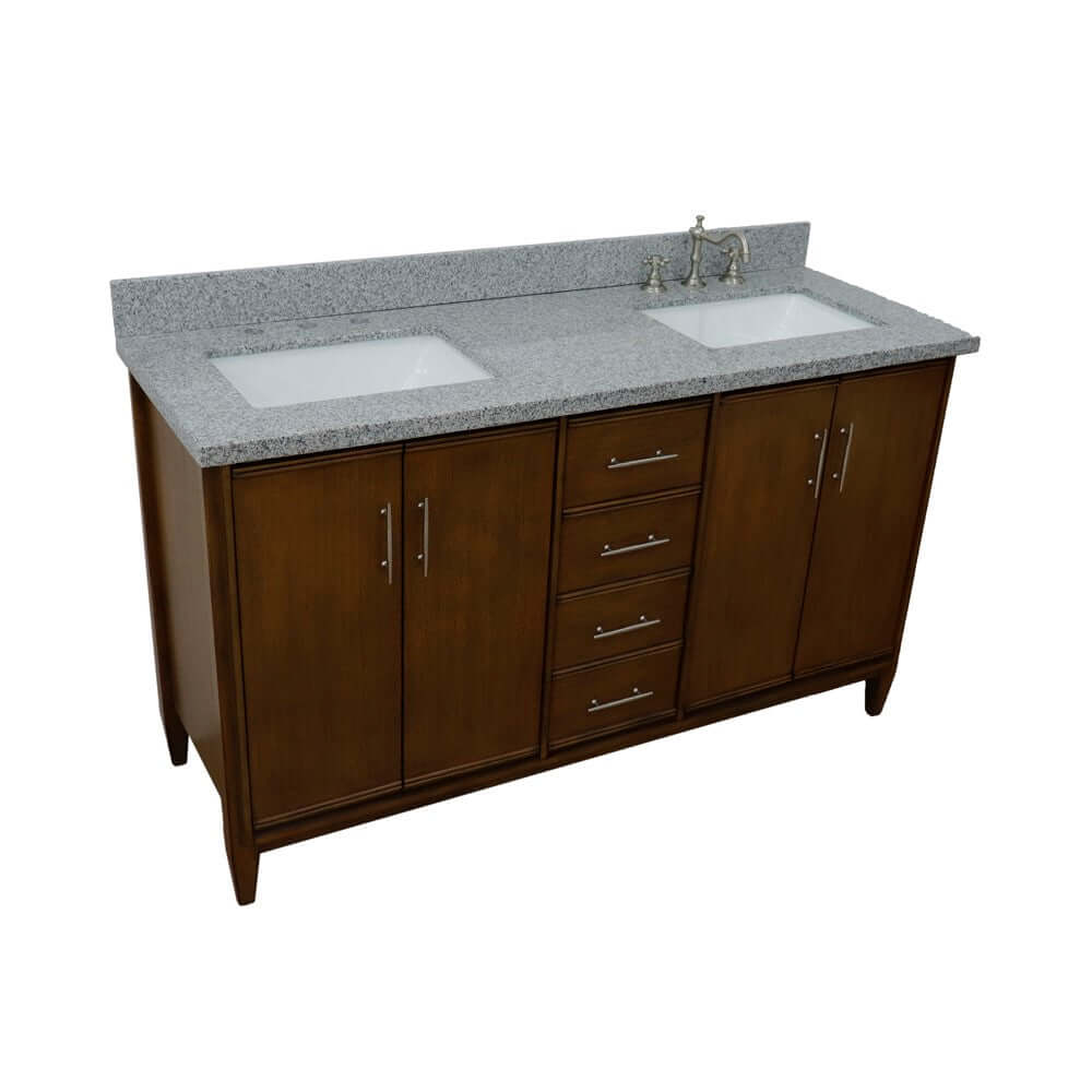 61" Double sink vanity in Walnut finish with Gray granite and rectangle sink - 400901-61D-WA-GYR