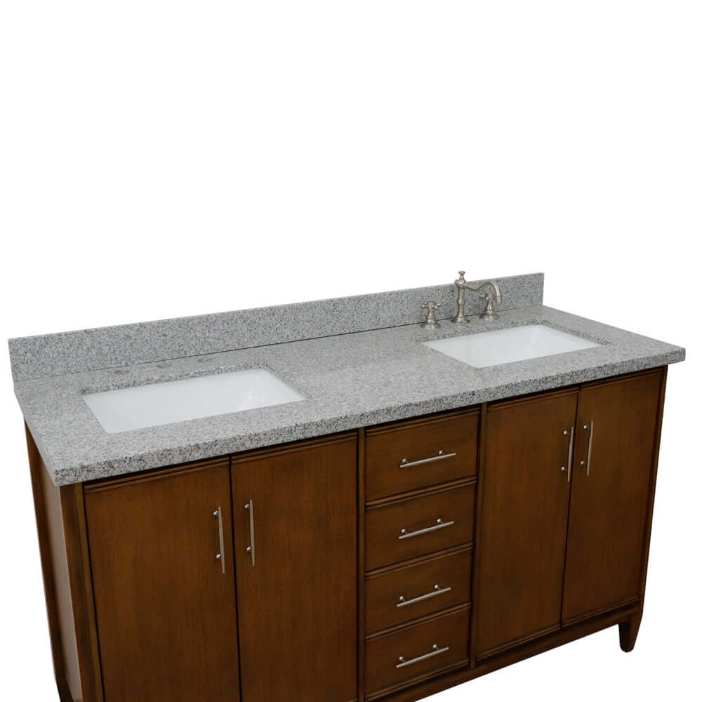 61" Double sink vanity in Walnut finish with Gray granite and rectangle sink - 400901-61D-WA-GYR