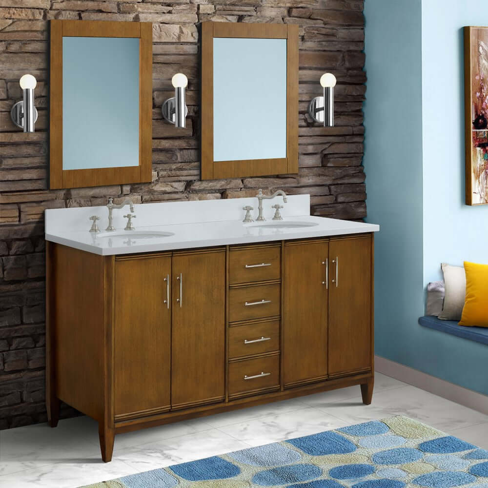 61" Double sink vanity in Walnut finish with White quartz and oval sink - 400901-61D-WA-WEO