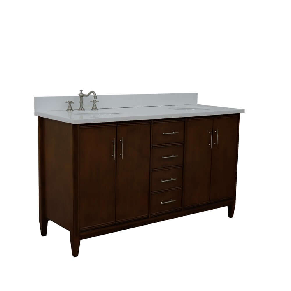 61" Double sink vanity in Walnut finish with White quartz and oval sink - 400901-61D-WA-WEO