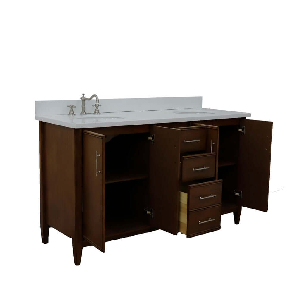 61" Double sink vanity in Walnut finish with White quartz and oval sink - 400901-61D-WA-WEO