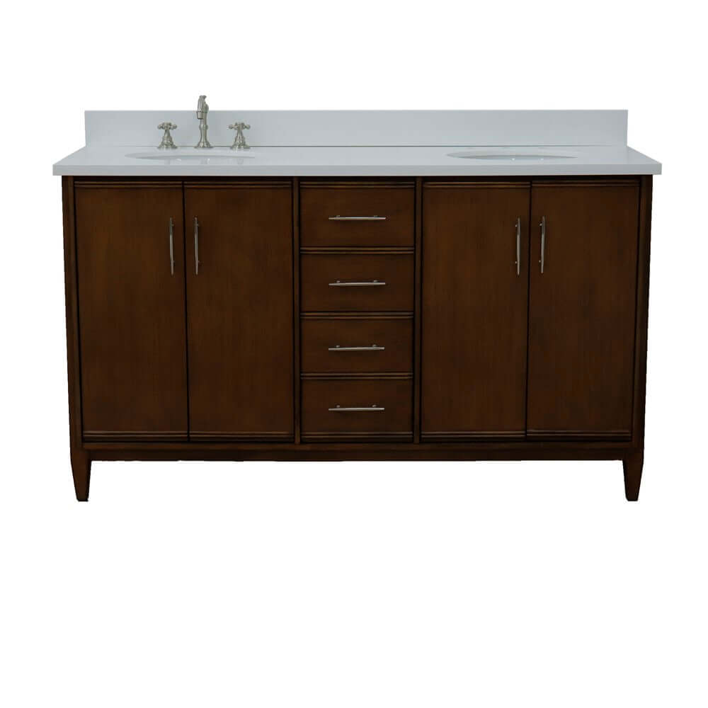 61" Double sink vanity in Walnut finish with White quartz and oval sink - 400901-61D-WA-WEO