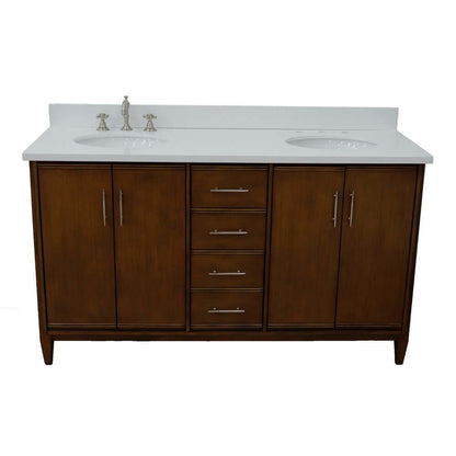 61" Double sink vanity in Walnut finish with White quartz and oval sink - 400901-61D-WA-WEO