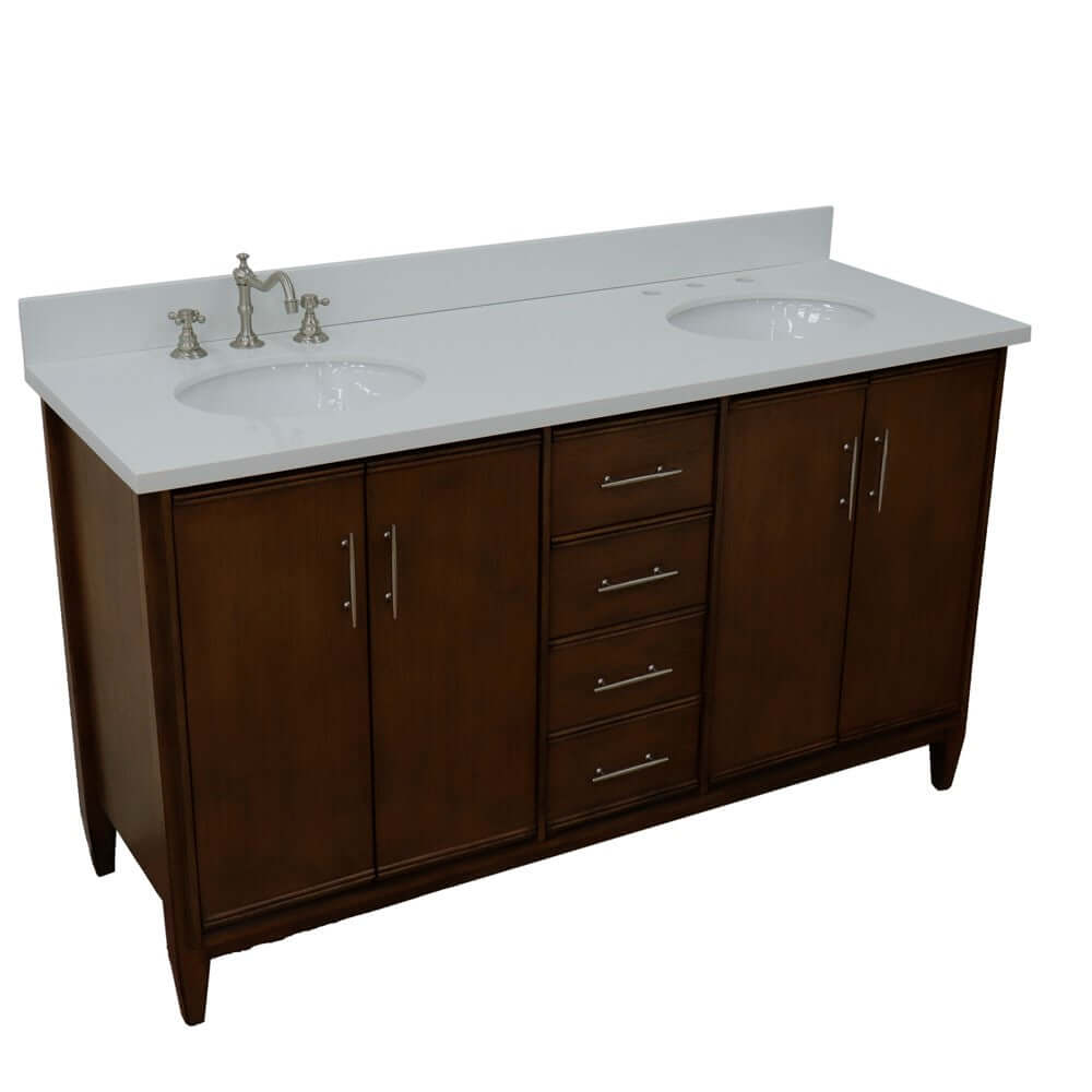 61" Double sink vanity in Walnut finish with White quartz and oval sink - 400901-61D-WA-WEO