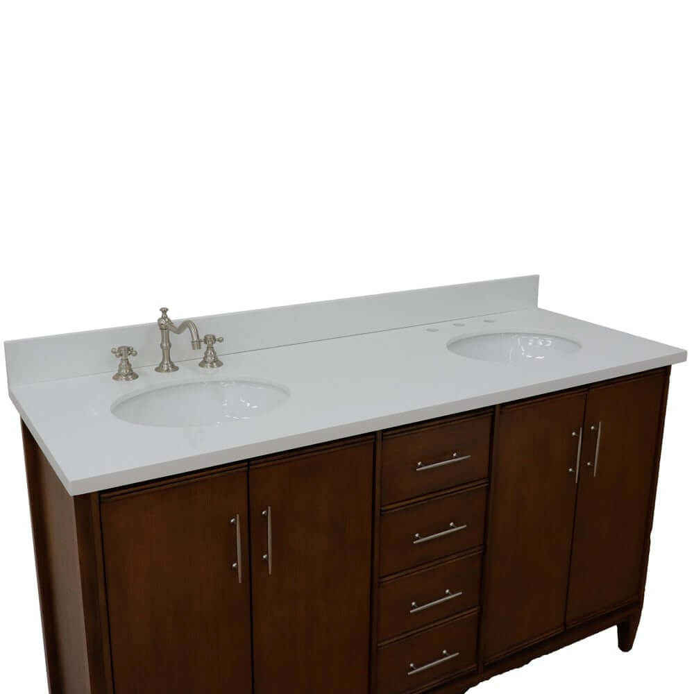 61" Double sink vanity in Walnut finish with White quartz and oval sink - 400901-61D-WA-WEO