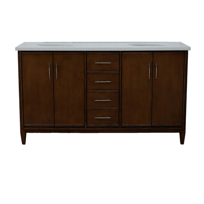 61" Double sink vanity in Walnut finish with White quartz and oval sink - 400901-61D-WA-WEO