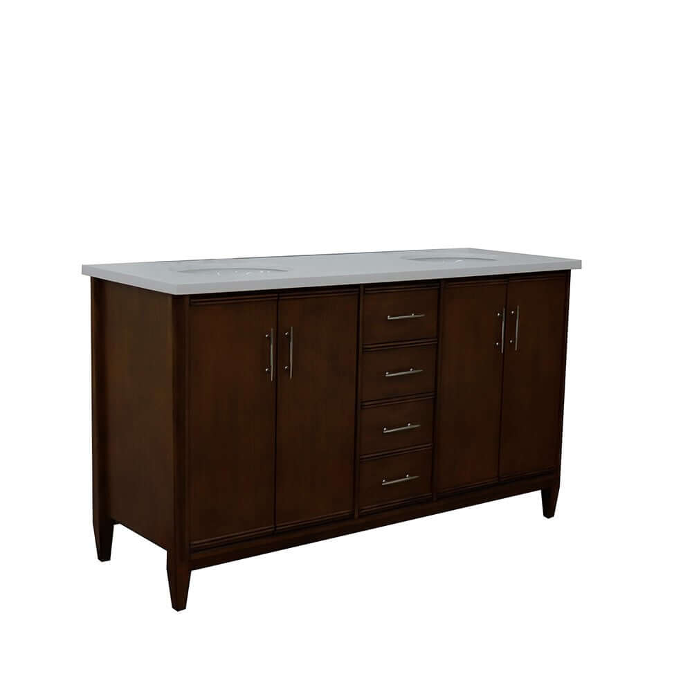 61" Double sink vanity in Walnut finish with White quartz and oval sink - 400901-61D-WA-WEO