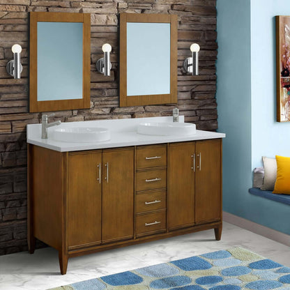 61" Double sink vanity in Walnut finish with White quartz and round sink - 400901-61D-WA-WERD