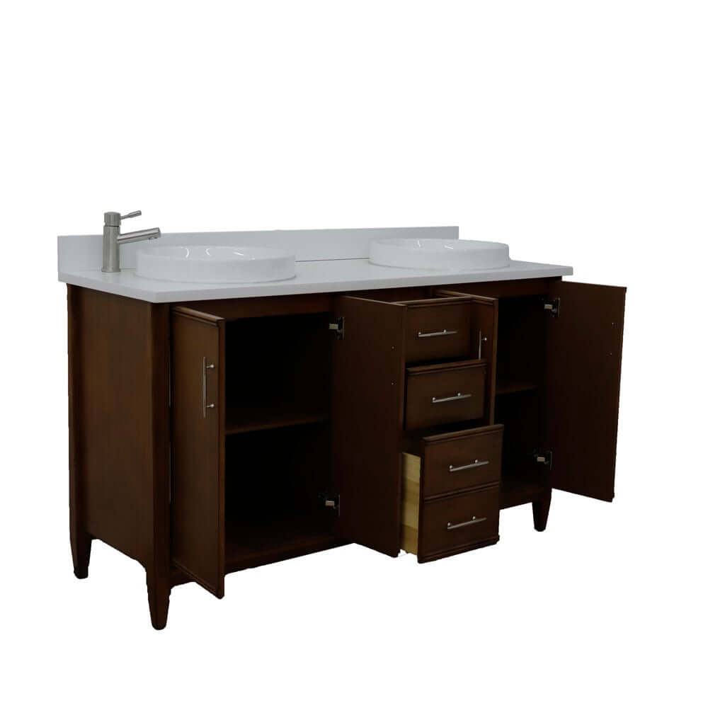 61" Double sink vanity in Walnut finish with White quartz and round sink - 400901-61D-WA-WERD