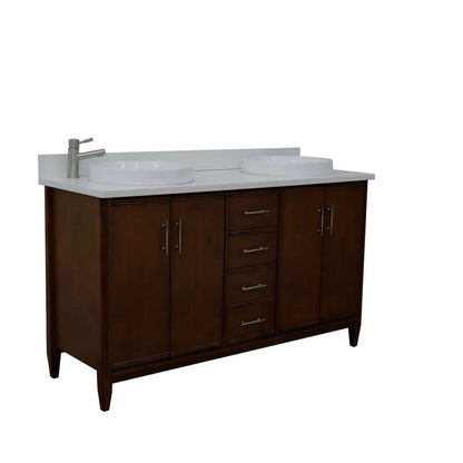 61" Double sink vanity in Walnut finish with White quartz and round sink - 400901-61D-WA-WERD