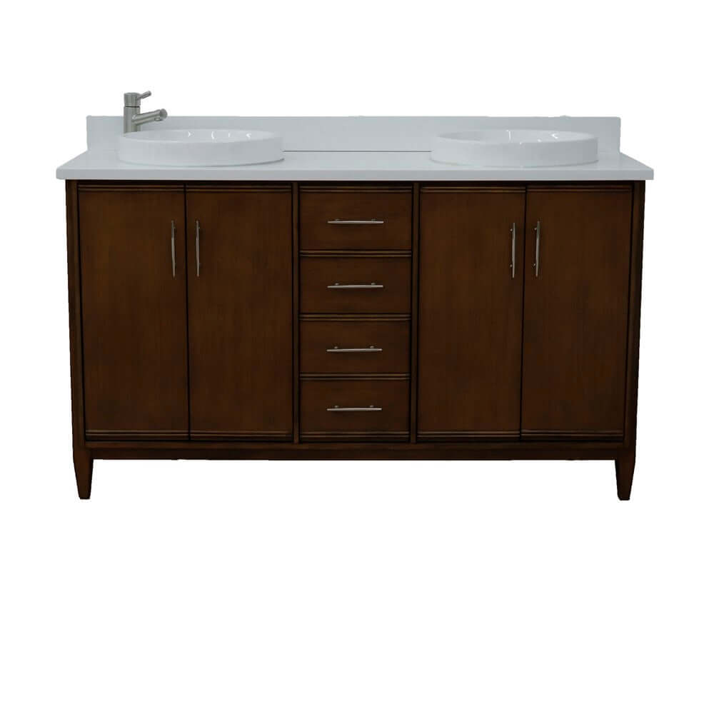 61" Double sink vanity in Walnut finish with White quartz and round sink - 400901-61D-WA-WERD