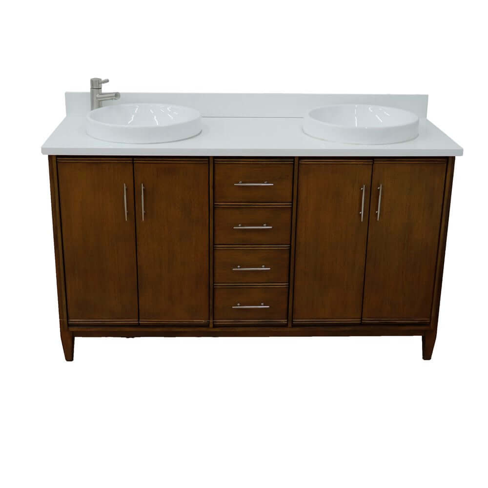 61" Double sink vanity in Walnut finish with White quartz and round sink - 400901-61D-WA-WERD