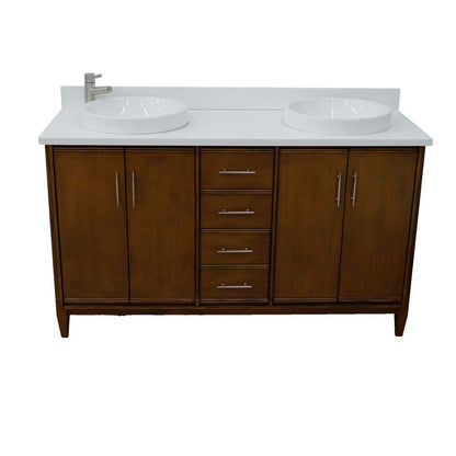 61" Double sink vanity in Walnut finish with White quartz and round sink - 400901-61D-WA-WERD