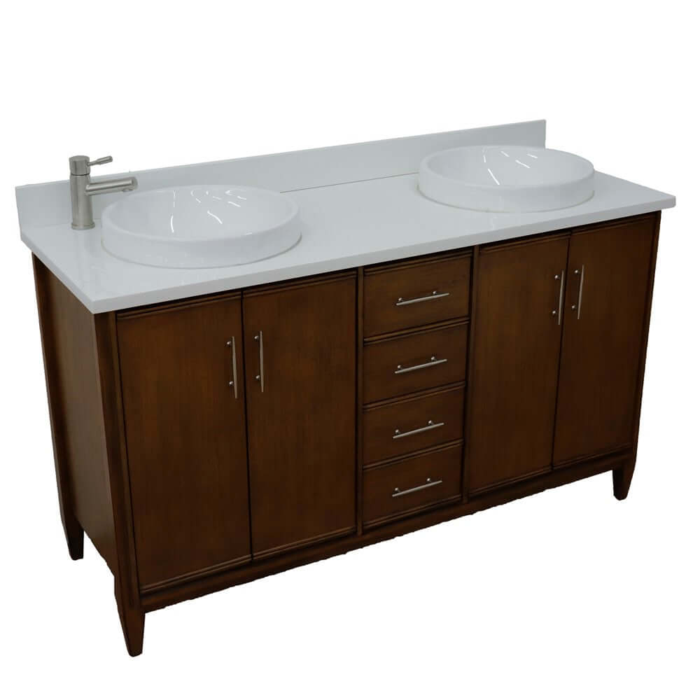 61" Double sink vanity in Walnut finish with White quartz and round sink - 400901-61D-WA-WERD