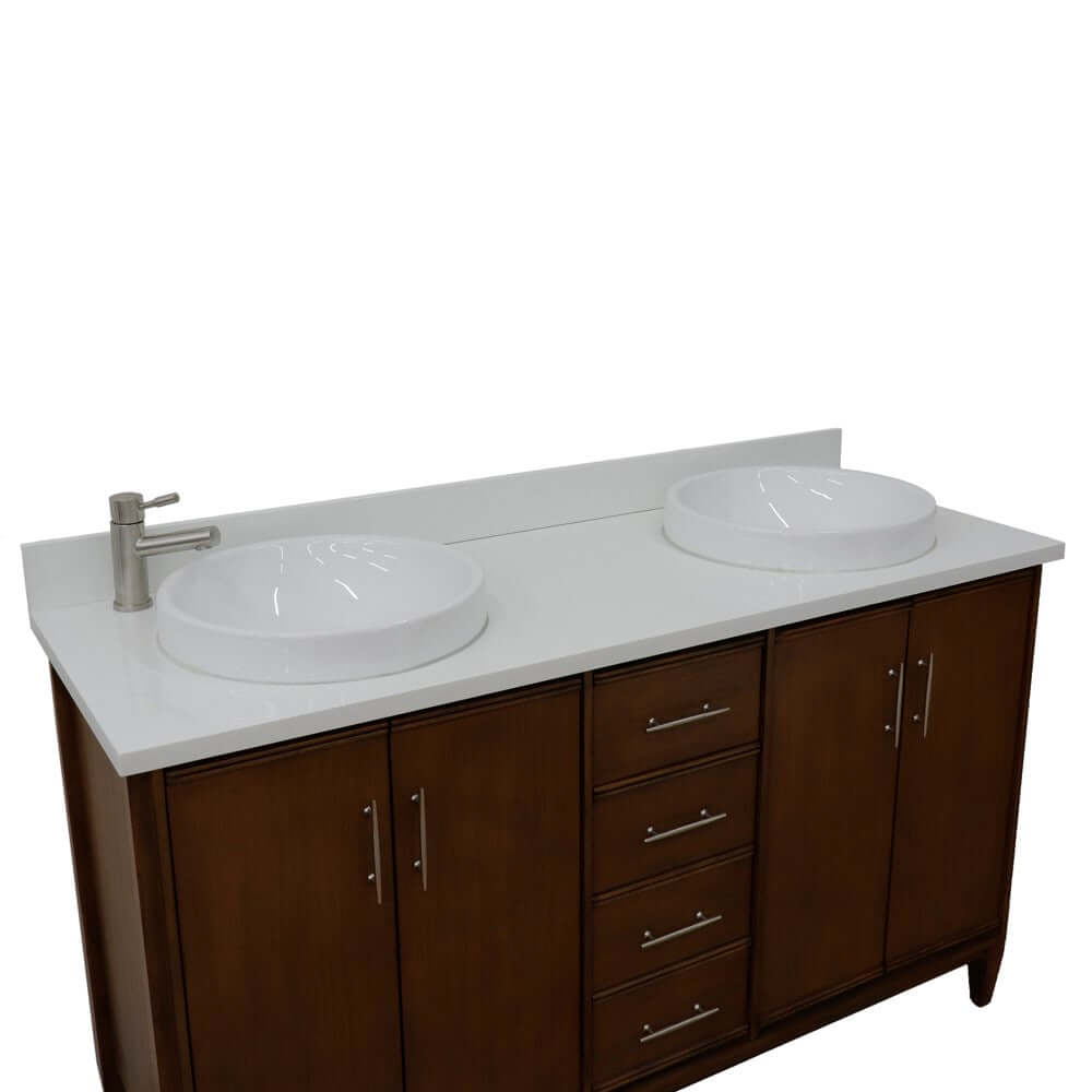 61" Double sink vanity in Walnut finish with White quartz and round sink - 400901-61D-WA-WERD