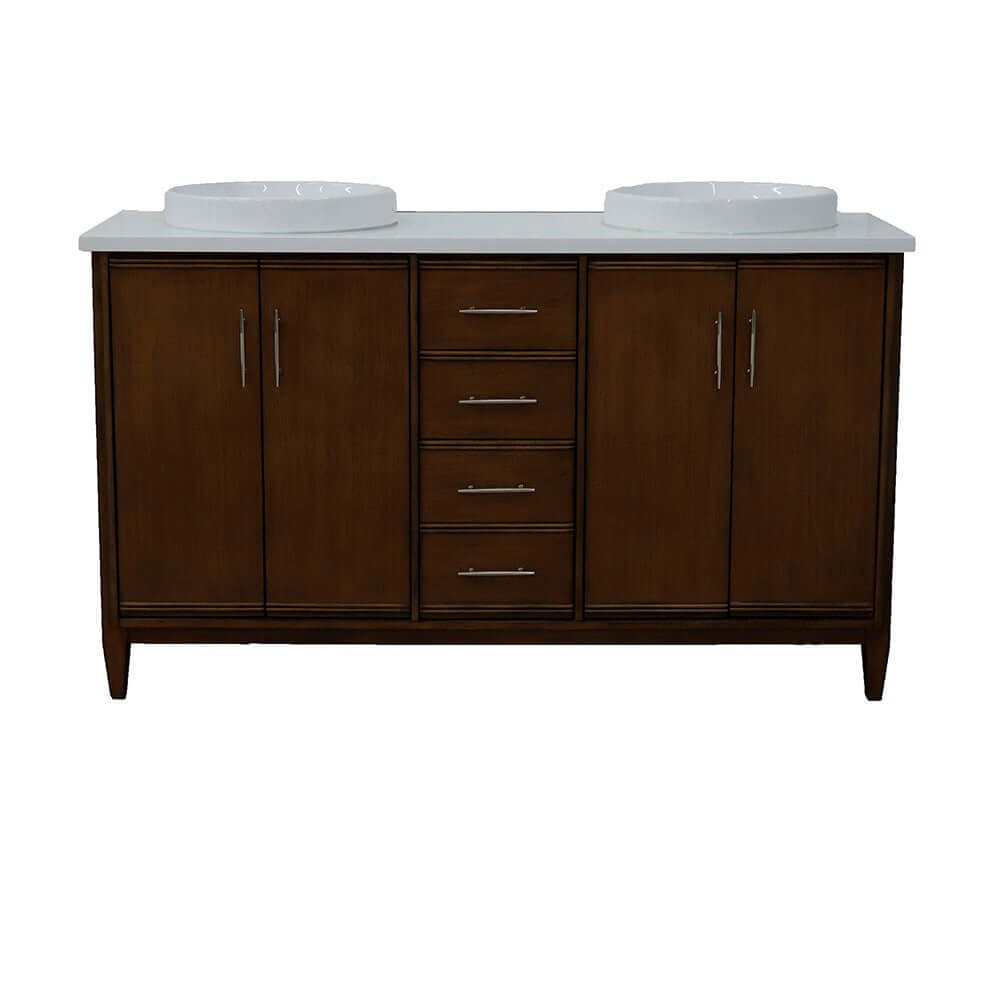 61" Double sink vanity in Walnut finish with White quartz and round sink - 400901-61D-WA-WERD