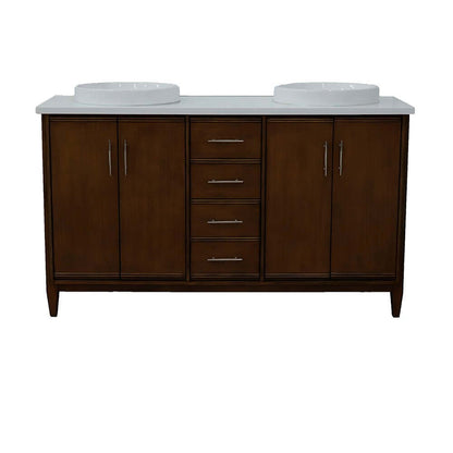 61" Double sink vanity in Walnut finish with White quartz and round sink - 400901-61D-WA-WERD