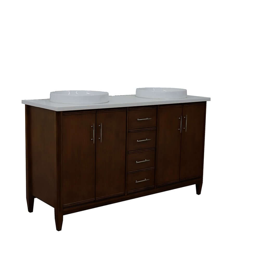 61" Double sink vanity in Walnut finish with White quartz and round sink - 400901-61D-WA-WERD