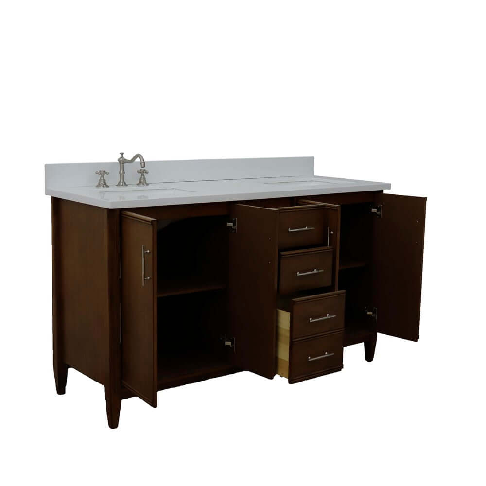 61" Double sink vanity in Walnut finish with White quartz and rectangle sink - 400901-61D-WA-WER