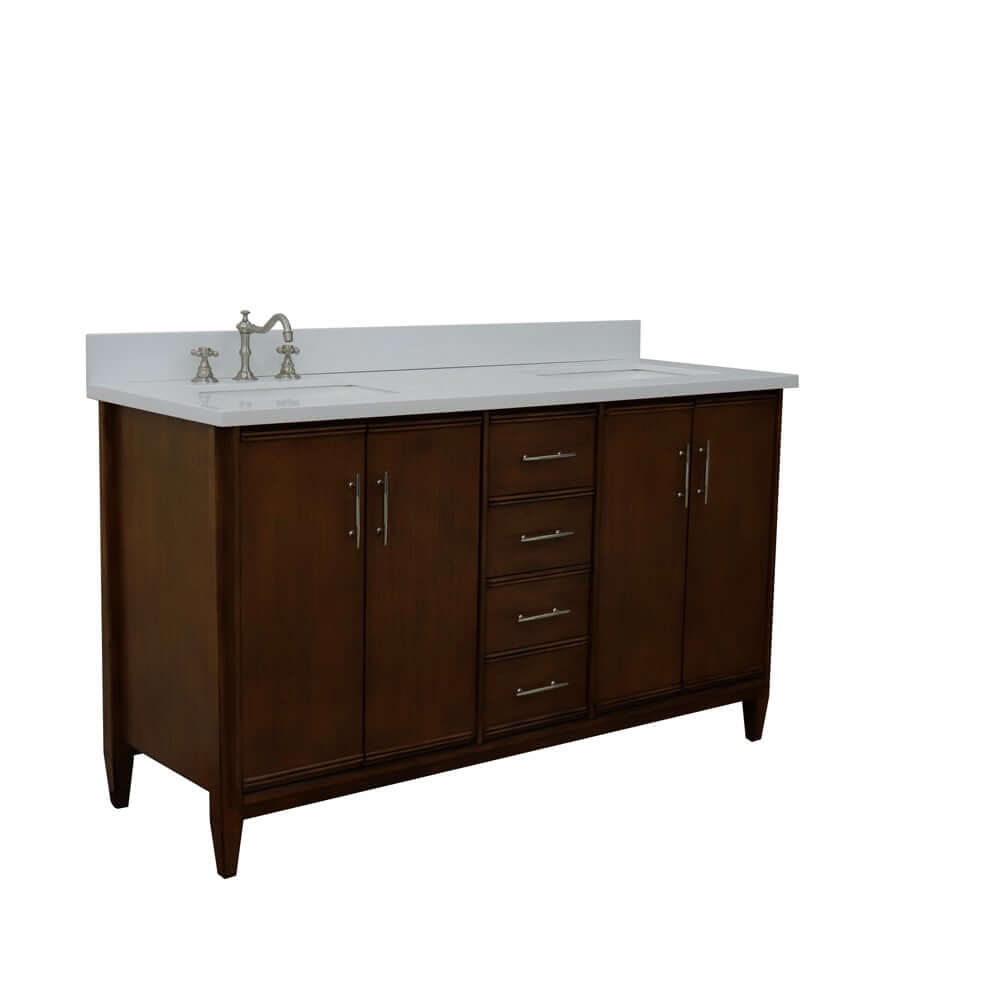 61" Double sink vanity in Walnut finish with White quartz and rectangle sink - 400901-61D-WA-WER