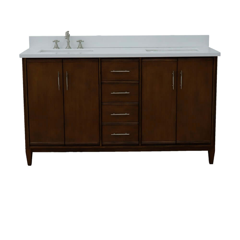 61" Double sink vanity in Walnut finish with White quartz and rectangle sink - 400901-61D-WA-WER