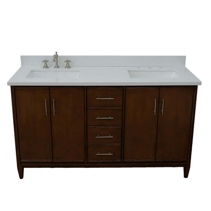 61" Double sink vanity in Walnut finish with White quartz and rectangle sink - 400901-61D-WA-WER