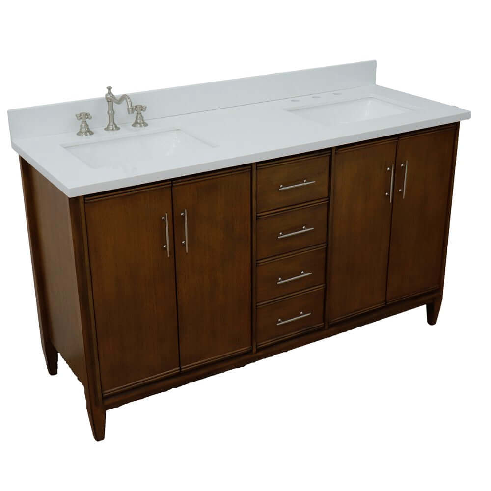 61" Double sink vanity in Walnut finish with White quartz and rectangle sink - 400901-61D-WA-WER