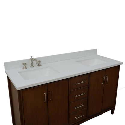 61" Double sink vanity in Walnut finish with White quartz and rectangle sink - 400901-61D-WA-WER