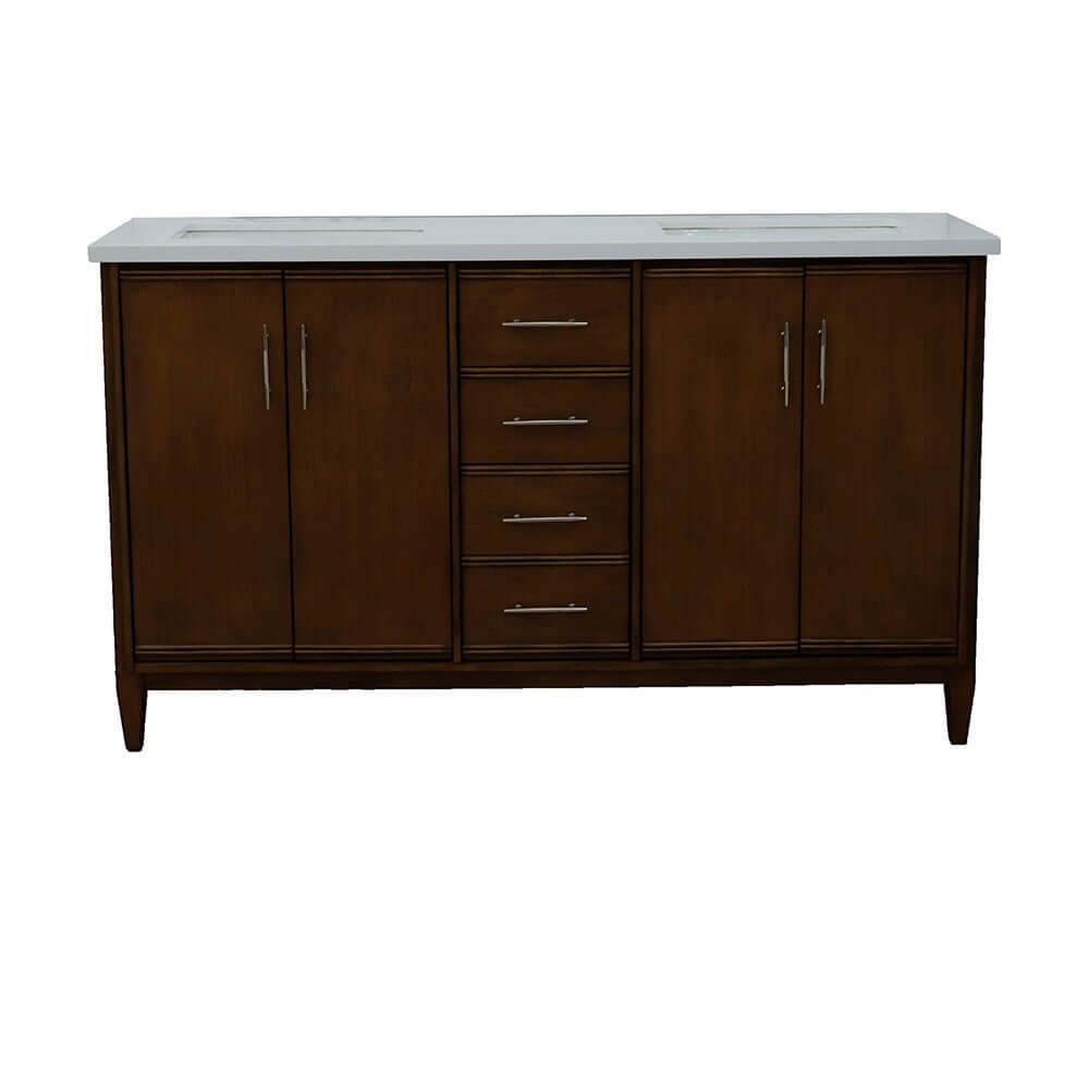 61" Double sink vanity in Walnut finish with White quartz and rectangle sink - 400901-61D-WA-WER