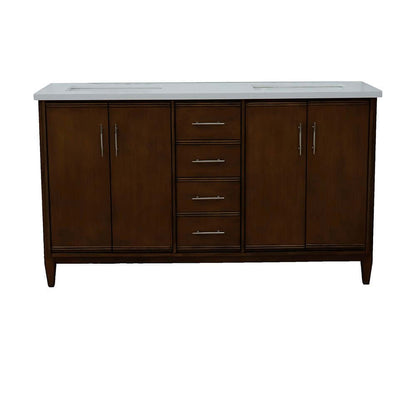 61" Double sink vanity in Walnut finish with White quartz and rectangle sink - 400901-61D-WA-WER