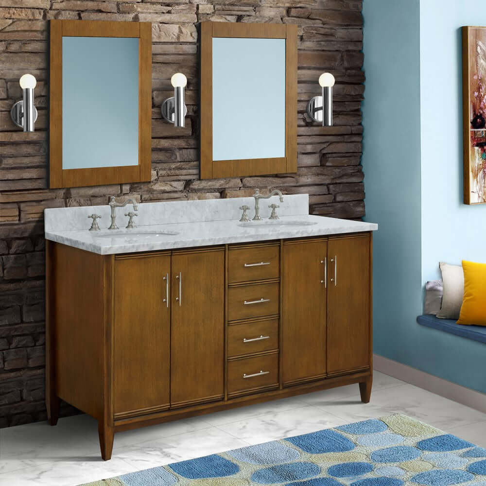 61" Double sink vanity in Walnut finish with White Carrara marble and oval sink - 400901-61D-WA-WMO