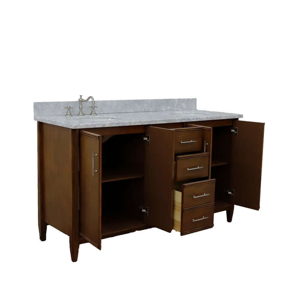 61" Double sink vanity in Walnut finish with White Carrara marble and oval sink - 400901-61D-WA-WMO