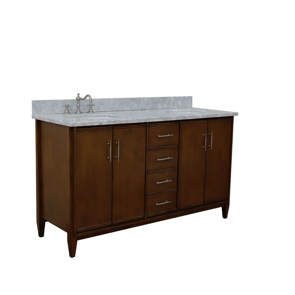 61" Double sink vanity in Walnut finish with White Carrara marble and oval sink - 400901-61D-WA-WMO