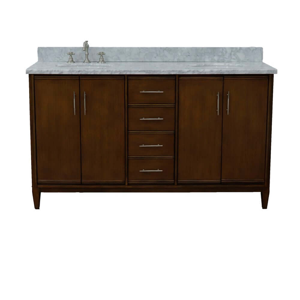 61" Double sink vanity in Walnut finish with White Carrara marble and oval sink - 400901-61D-WA-WMO