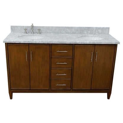 61" Double sink vanity in Walnut finish with White Carrara marble and oval sink - 400901-61D-WA-WMO