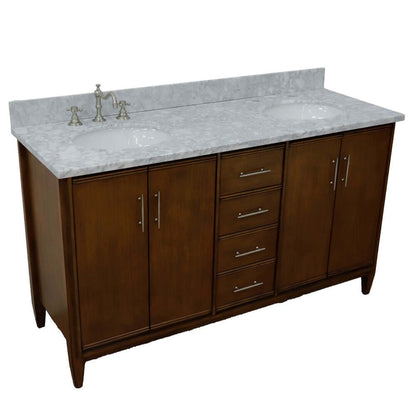 61" Double sink vanity in Walnut finish with White Carrara marble and oval sink - 400901-61D-WA-WMO