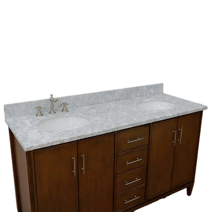 61" Double sink vanity in Walnut finish with White Carrara marble and oval sink - 400901-61D-WA-WMO