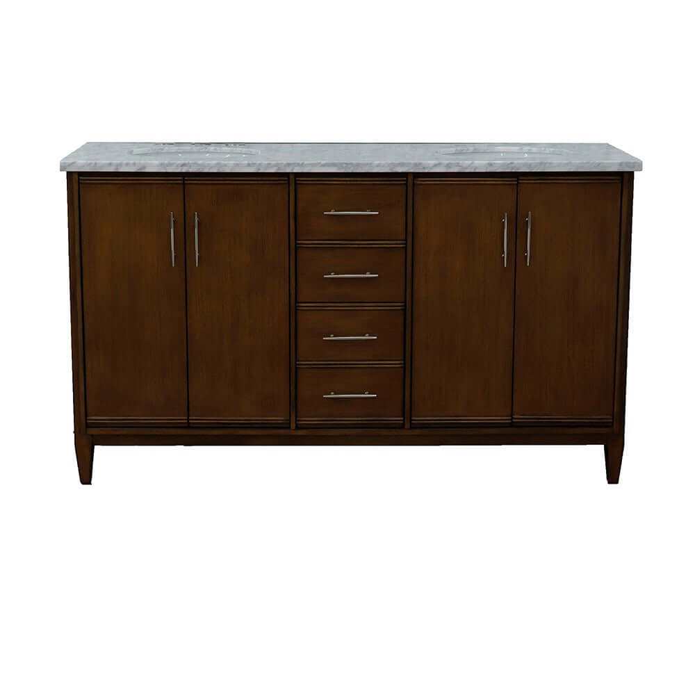 61" Double sink vanity in Walnut finish with White Carrara marble and oval sink - 400901-61D-WA-WMO