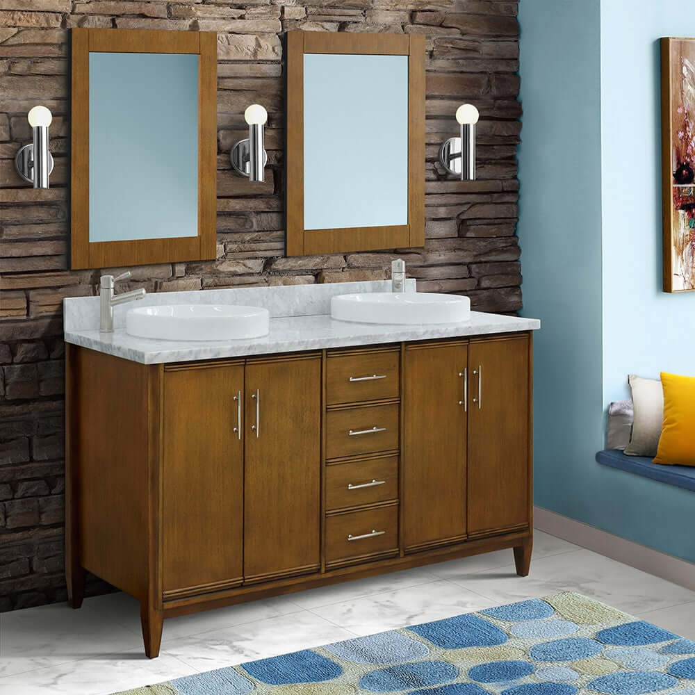 61" Double sink vanity in Walnut finish with White Carrara marble and round sink - 400901-61D-WA-WMRD