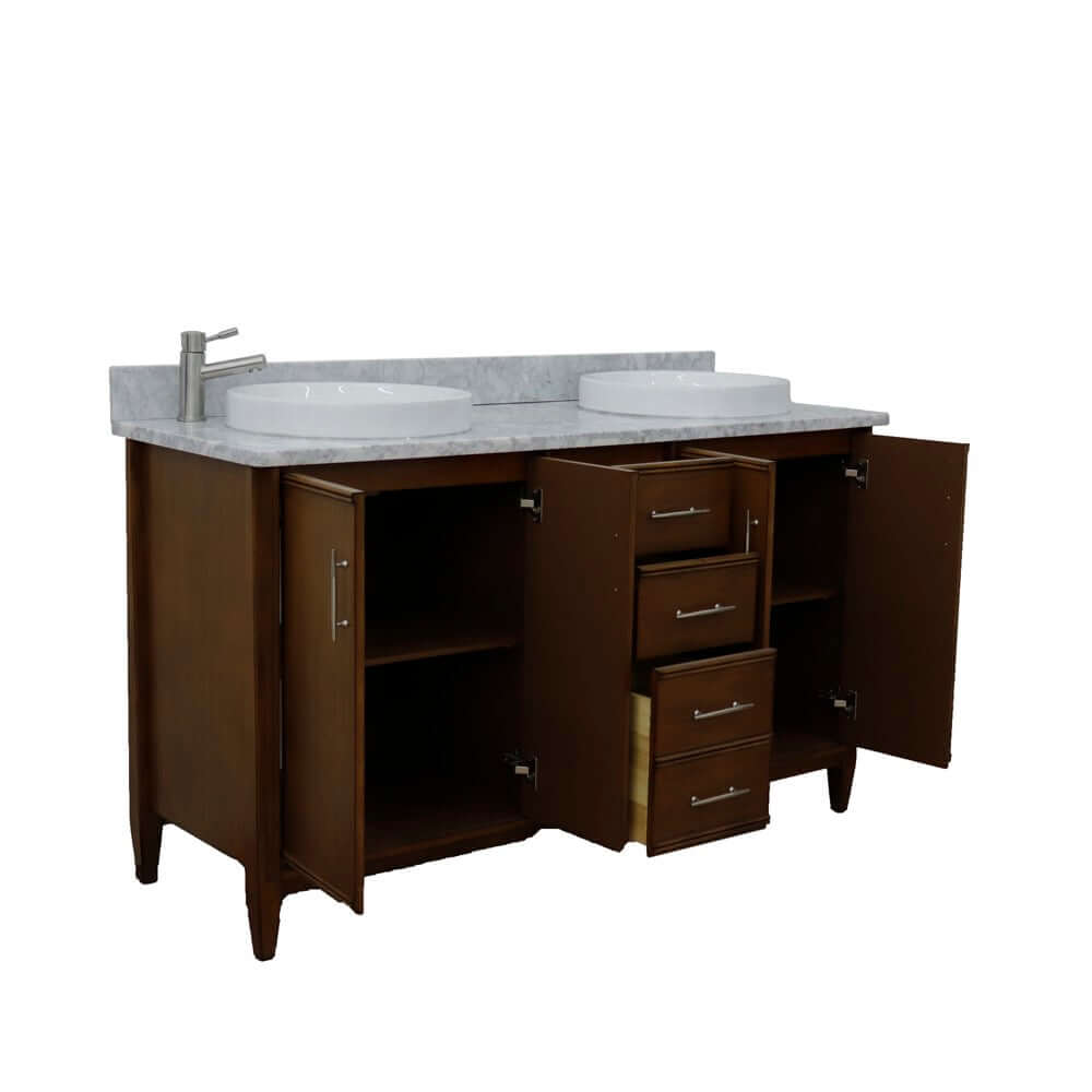 61" Double sink vanity in Walnut finish with White Carrara marble and round sink - 400901-61D-WA-WMRD