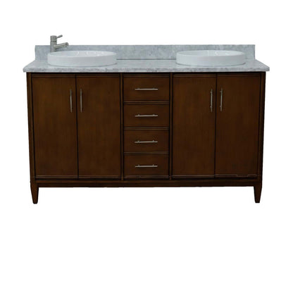 61" Double sink vanity in Walnut finish with White Carrara marble and round sink - 400901-61D-WA-WMRD