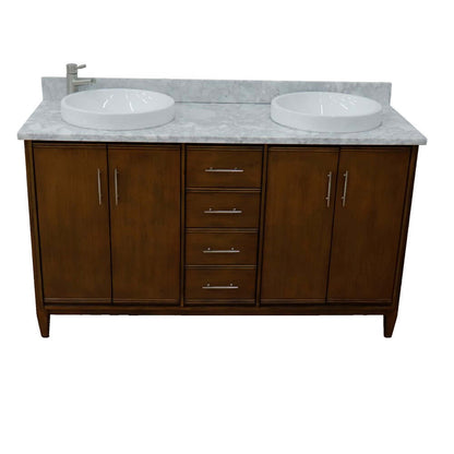 61" Double sink vanity in Walnut finish with White Carrara marble and round sink - 400901-61D-WA-WMRD