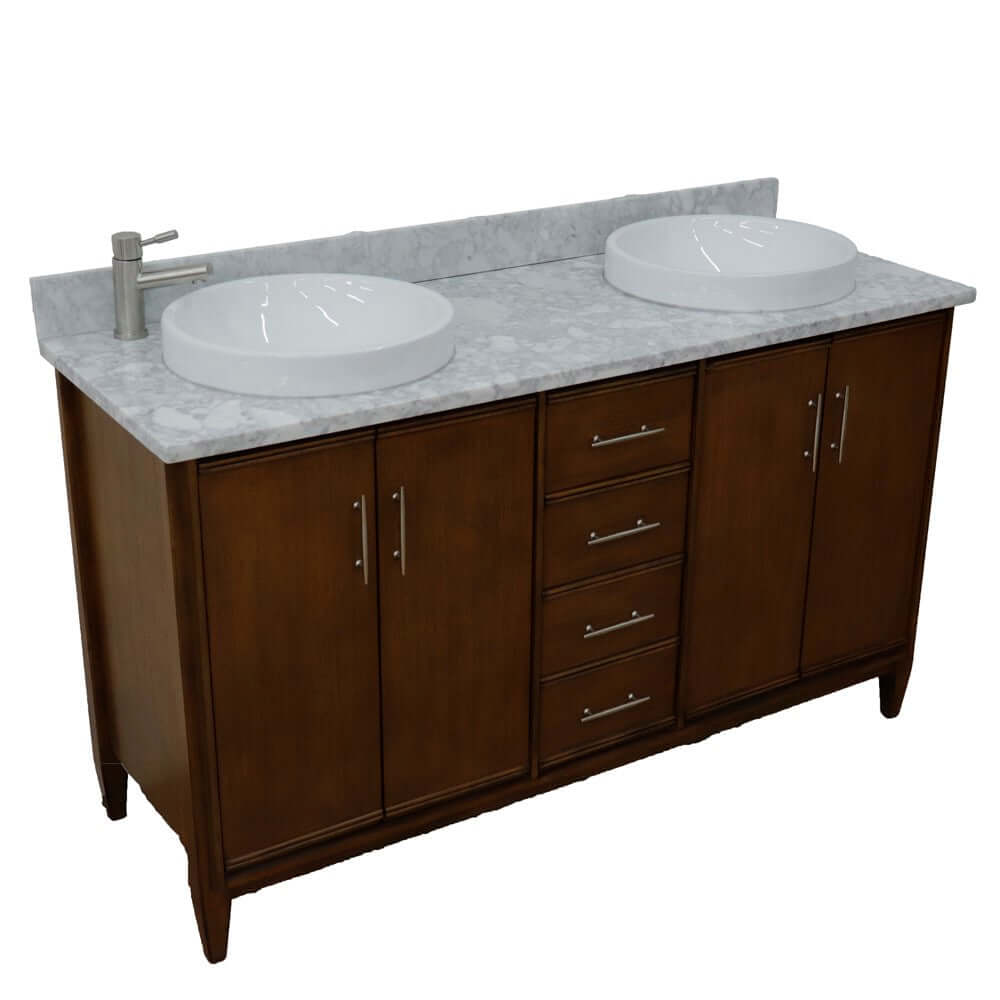 61" Double sink vanity in Walnut finish with White Carrara marble and round sink - 400901-61D-WA-WMRD