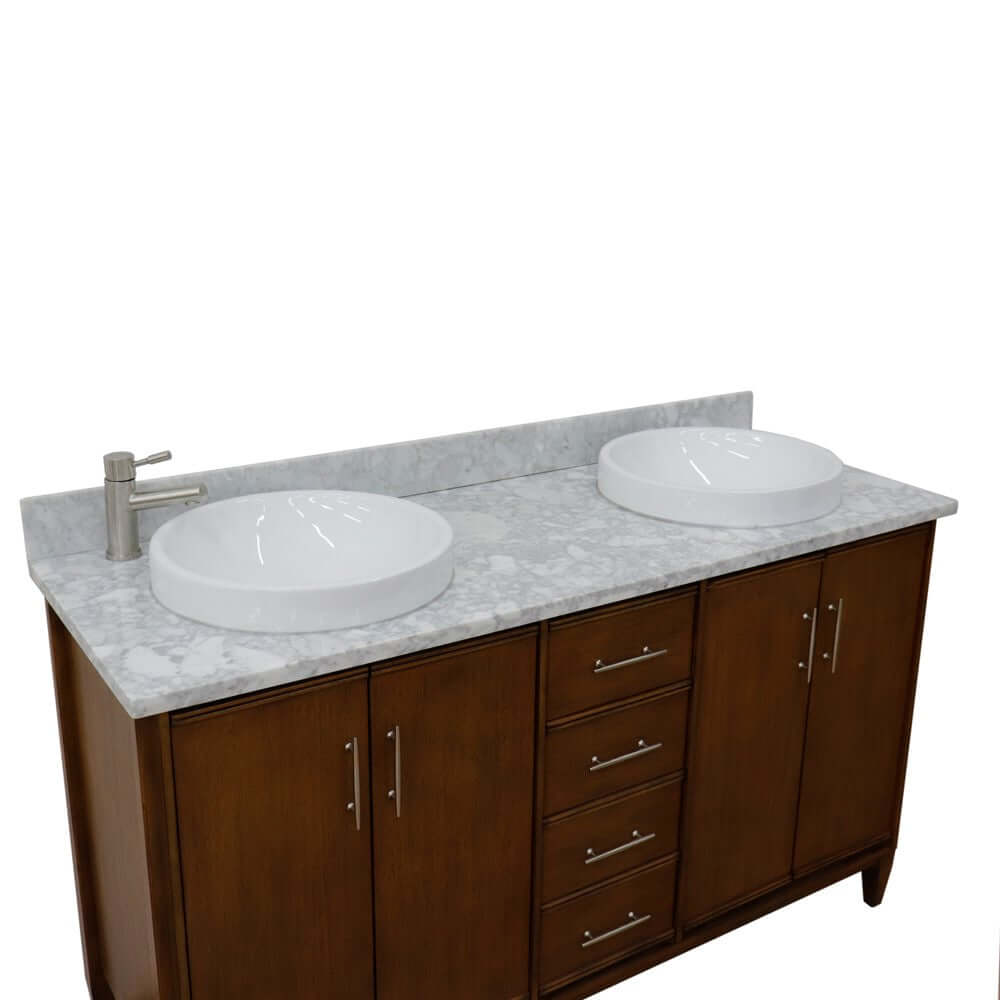 61" Double sink vanity in Walnut finish with White Carrara marble and round sink - 400901-61D-WA-WMRD