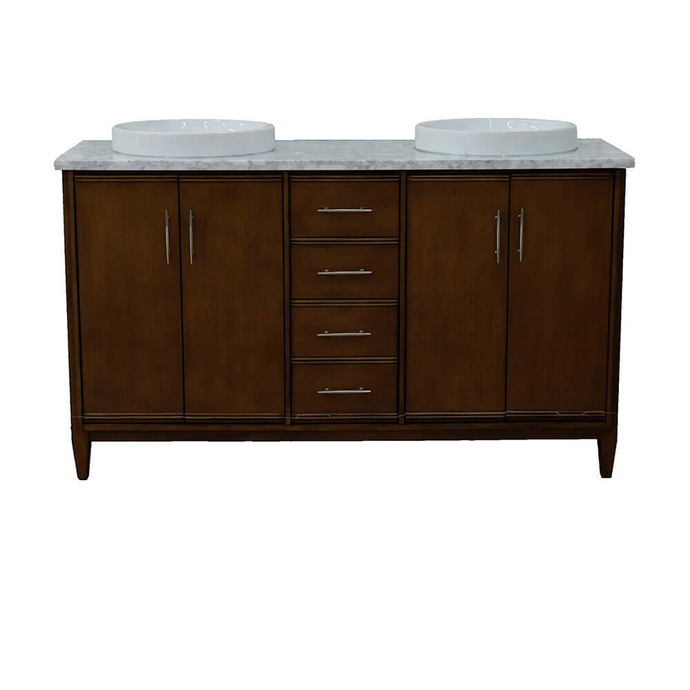 61" Double sink vanity in Walnut finish with White Carrara marble and round sink - 400901-61D-WA-WMRD